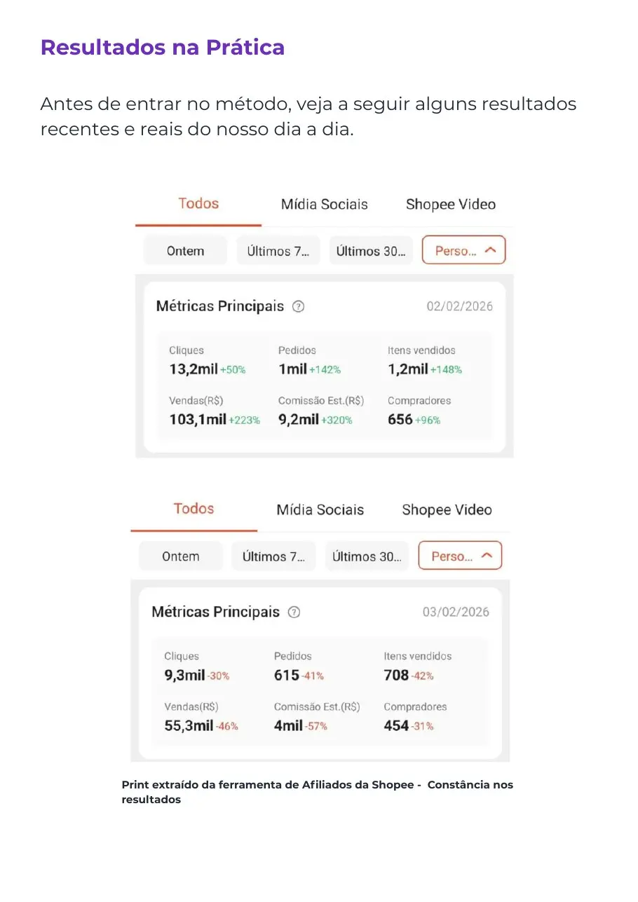 Página do eBook com exemplos de resultados reais